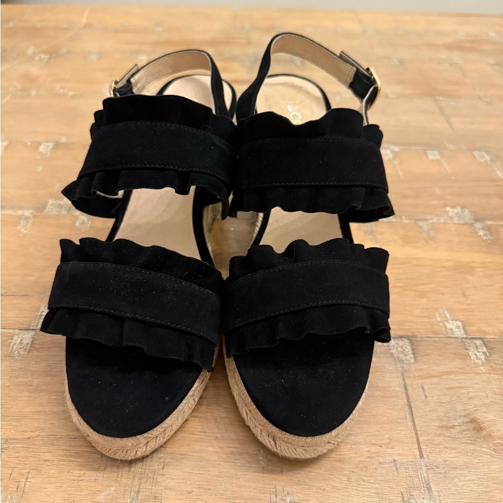 Jack Rogers Black Ruffle Rosie Espadrille Wedge Sandals
